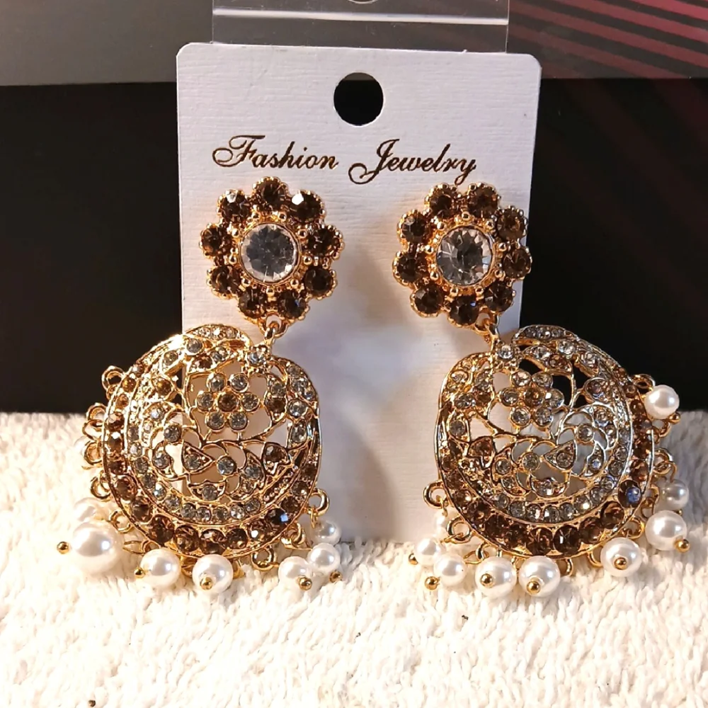 Gold Tone Pearls And Purple Stones Pierced Earrings